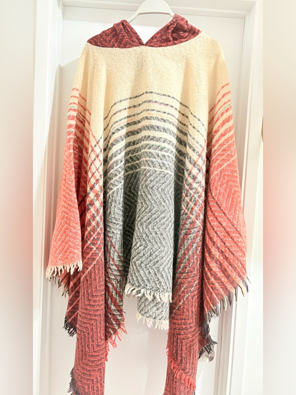 Hooded Ombre Fringe Poncho - Cream, Gray & Coral